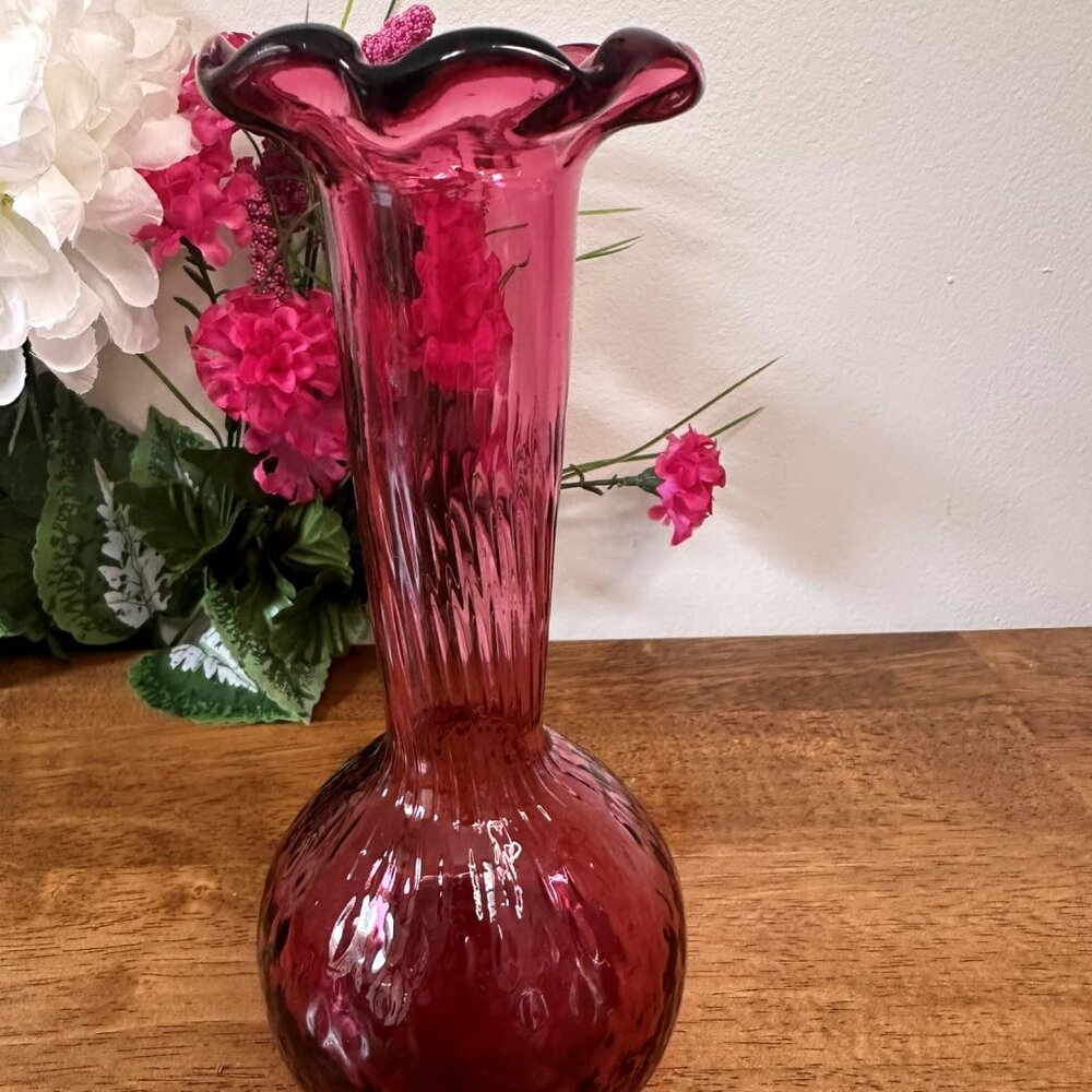 Cranberry Glass Vase Mid Century Blown Art Ruby Red Vintage Home Decor